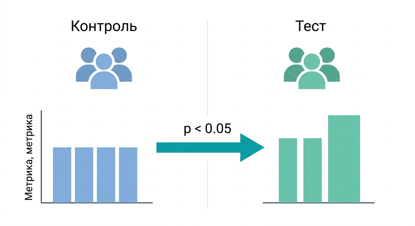 Схема A/B-теста: контрольная и тестовая группа, уровень значимости p меньше 0.05