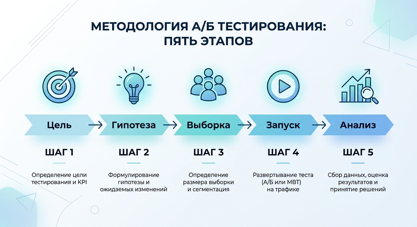 Пять этапов проведения A/B тестирования — пошаговая инфографика