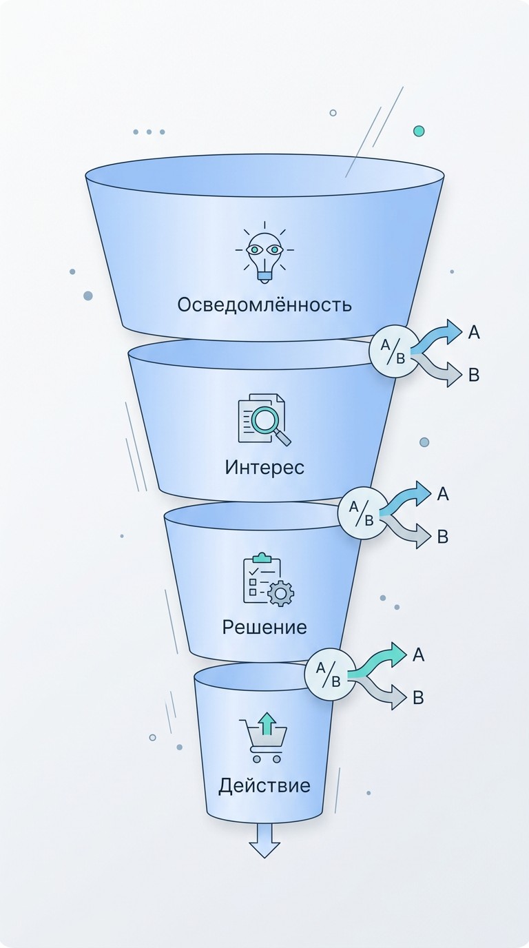 Воронка продаж с точками применения A/B тестирования на каждом этапе