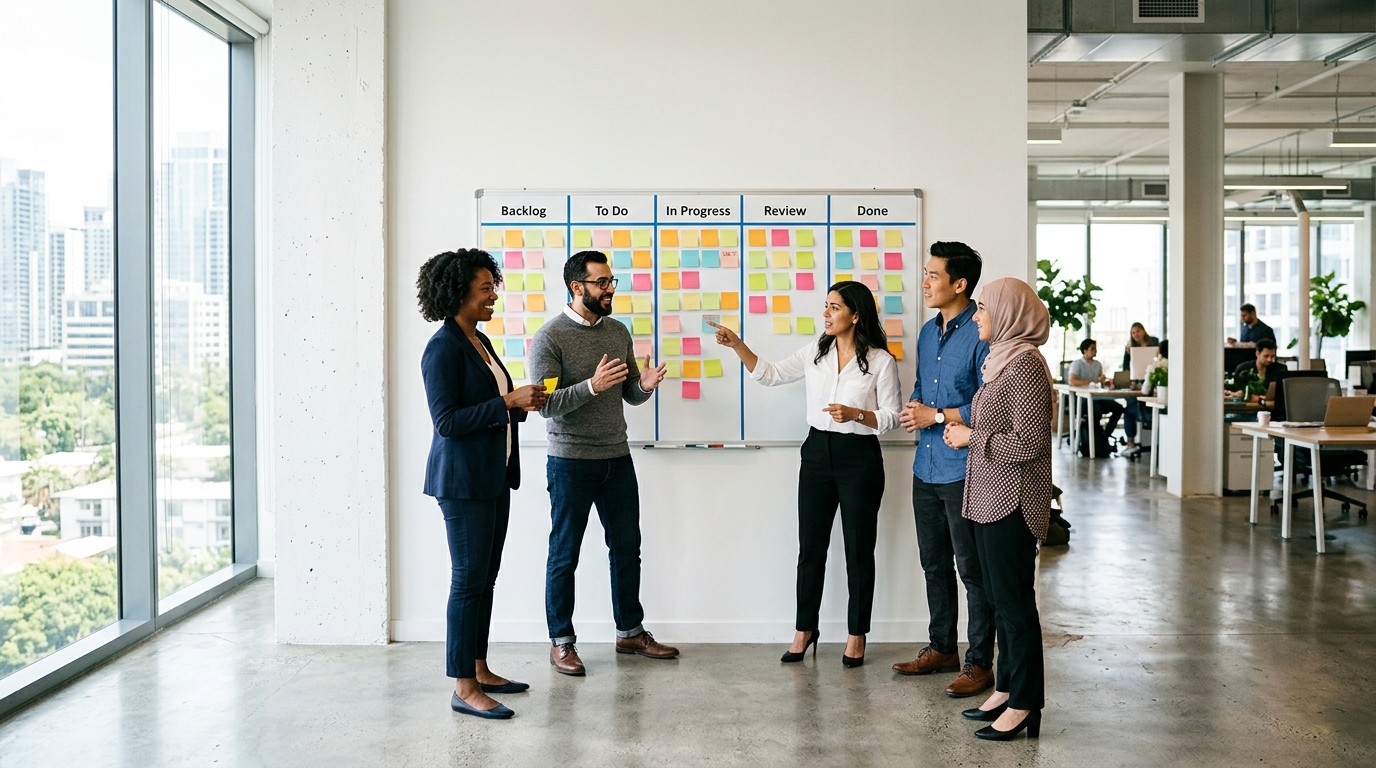 Команда обсуждает задачи у Kanban-доски в методологии Agile