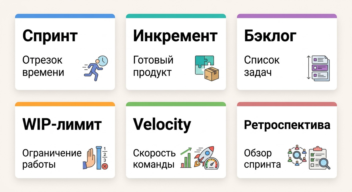 Глоссарий Agile — карточки с терминами спринт, бэклог, velocity, WIP-лимит