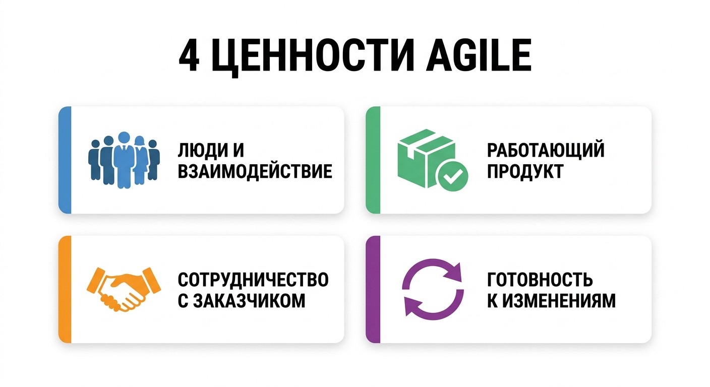 Четыре ценности Agile-манифеста — инфографика с карточками