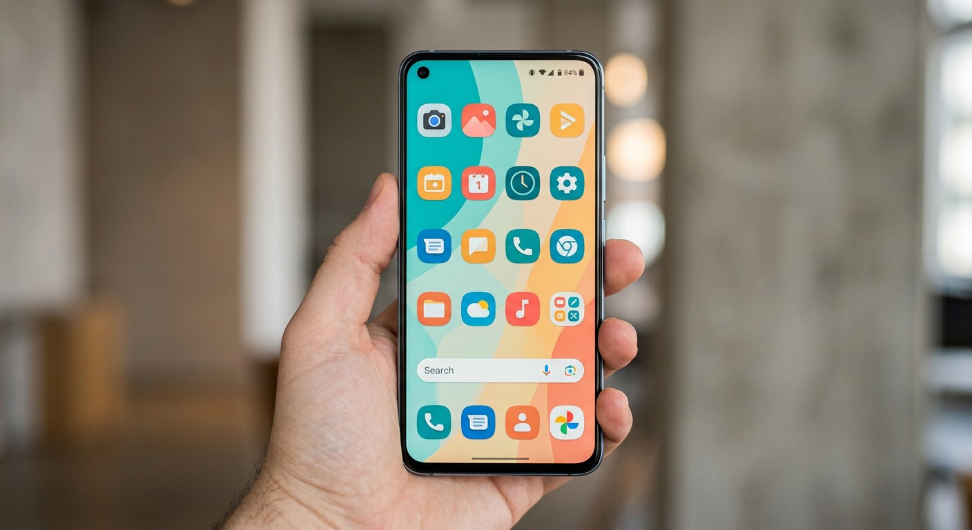 Экран Android-смартфона с сеткой приложений в стиле Material You
