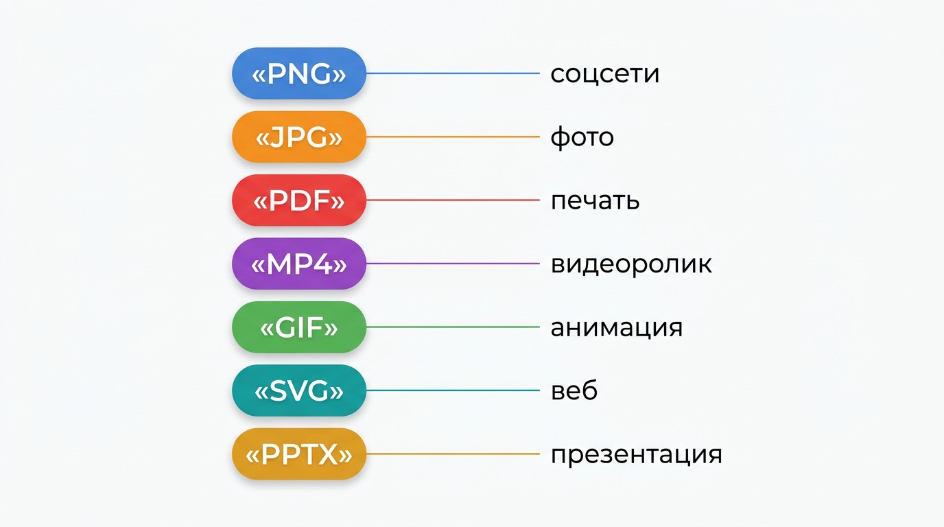 Форматы экспорта Canva: PNG, JPG, PDF, MP4, GIF, SVG, PPTX
