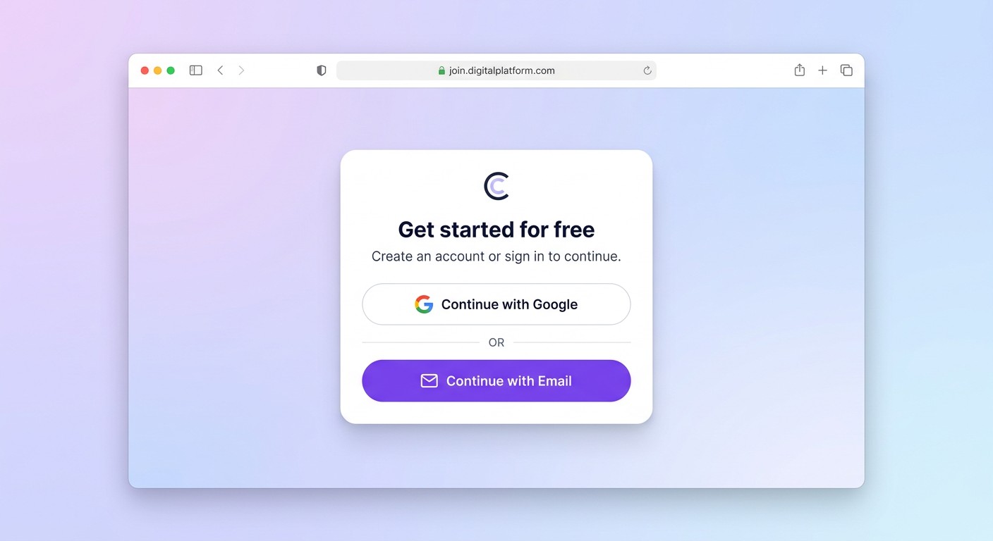 Экран регистрации в Canva — вход через email и Google