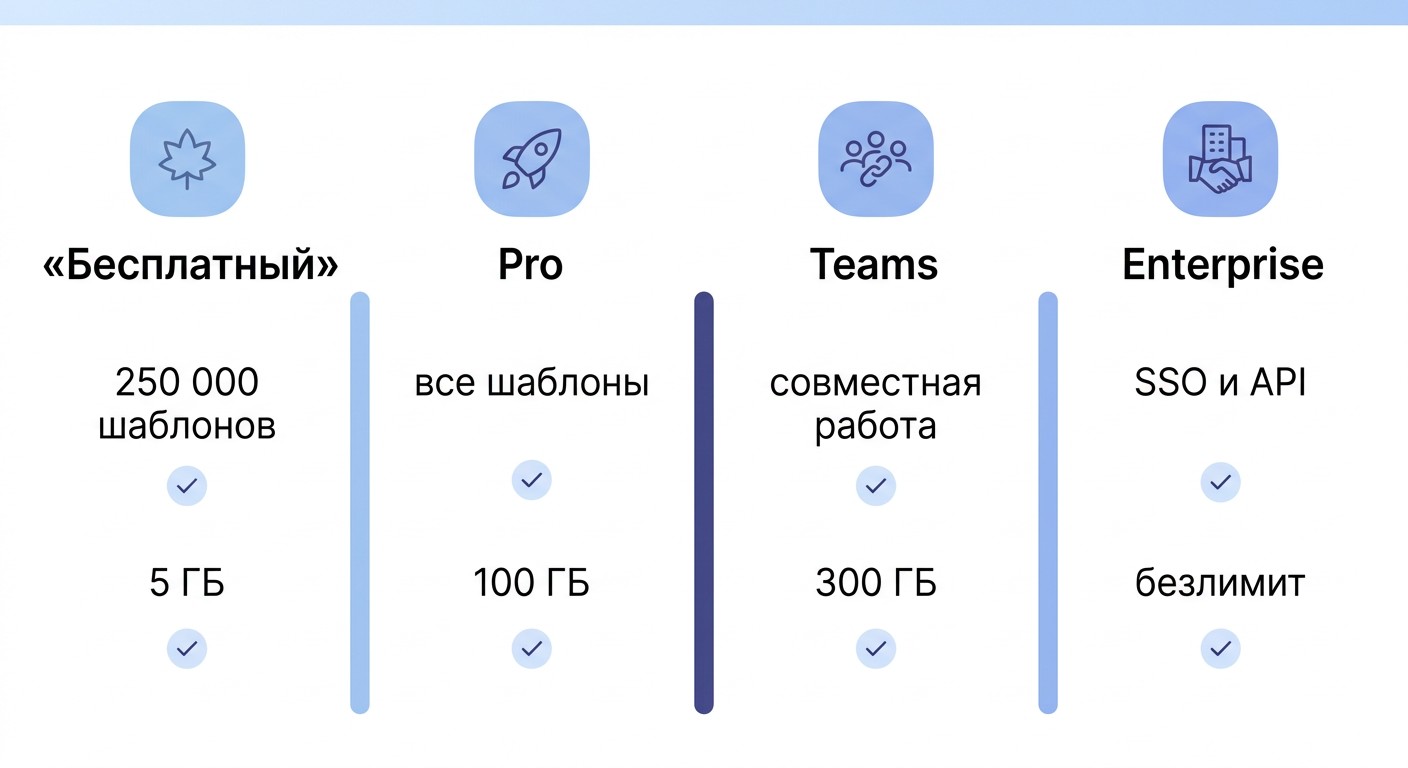 Четыре тарифа Canva: бесплатный, Pro, Teams и Enterprise