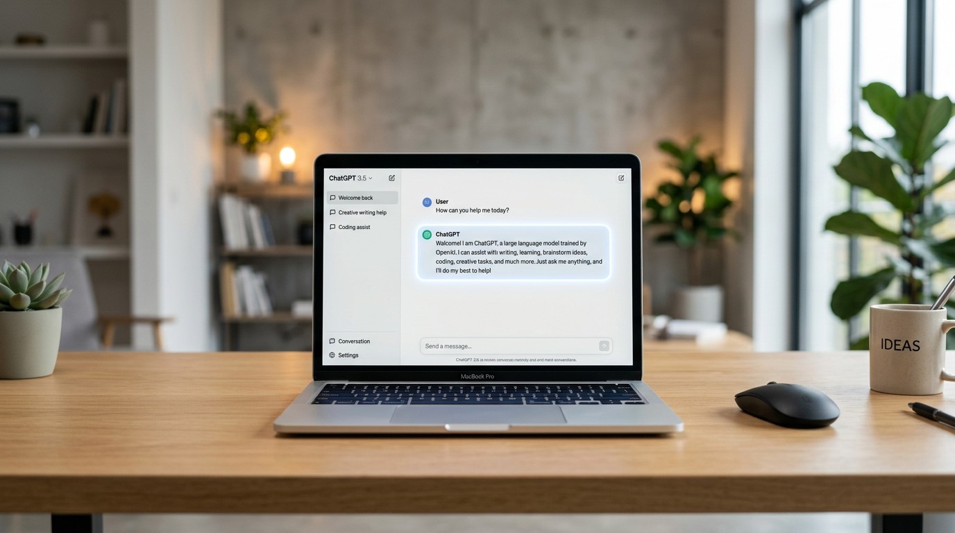 ChatGPT — интерфейс чат-бота на ноутбуке, концептуальный арт