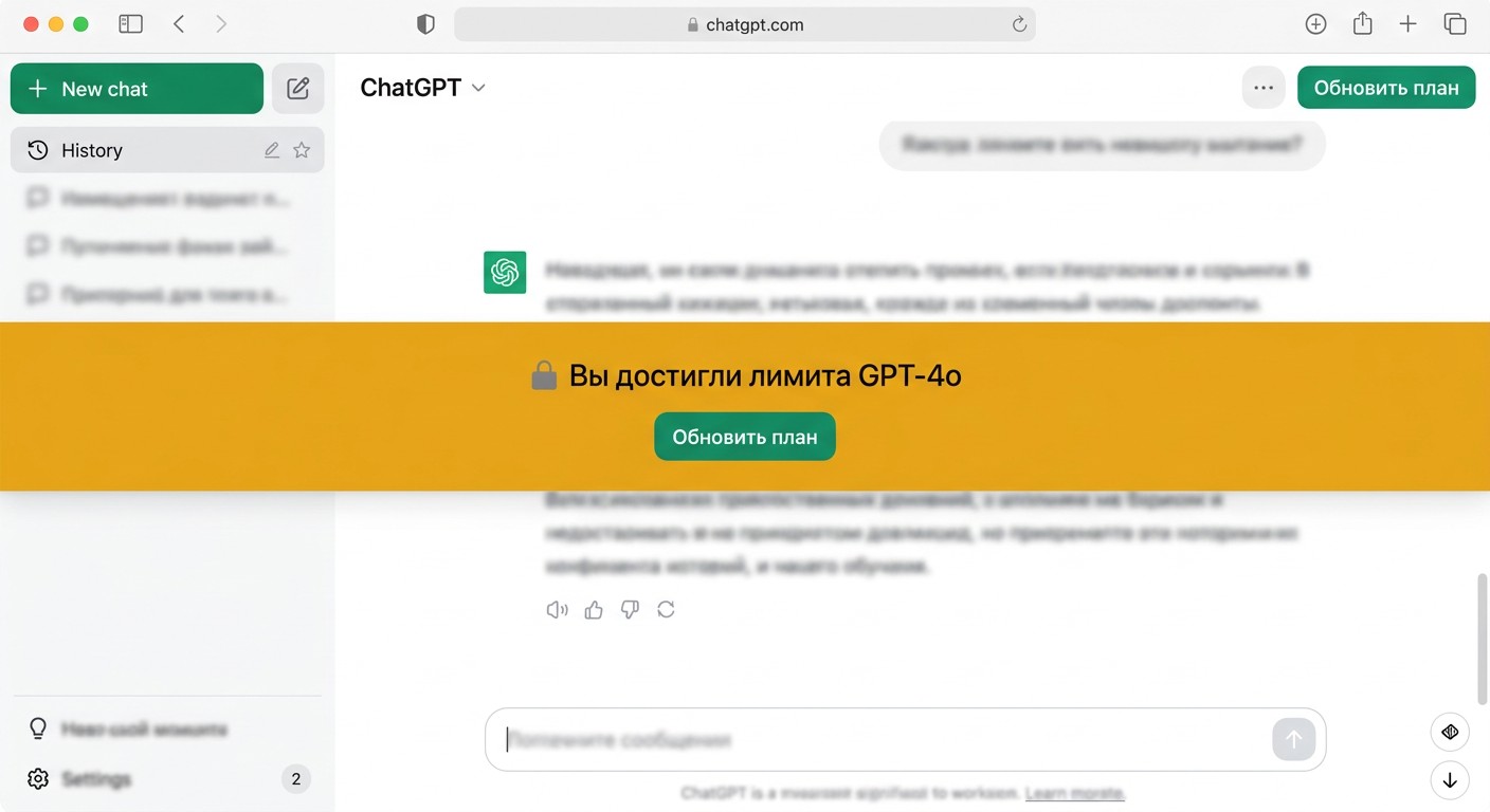 Уведомление ChatGPT о достижении лимита бесплатных генераций GPT-4o