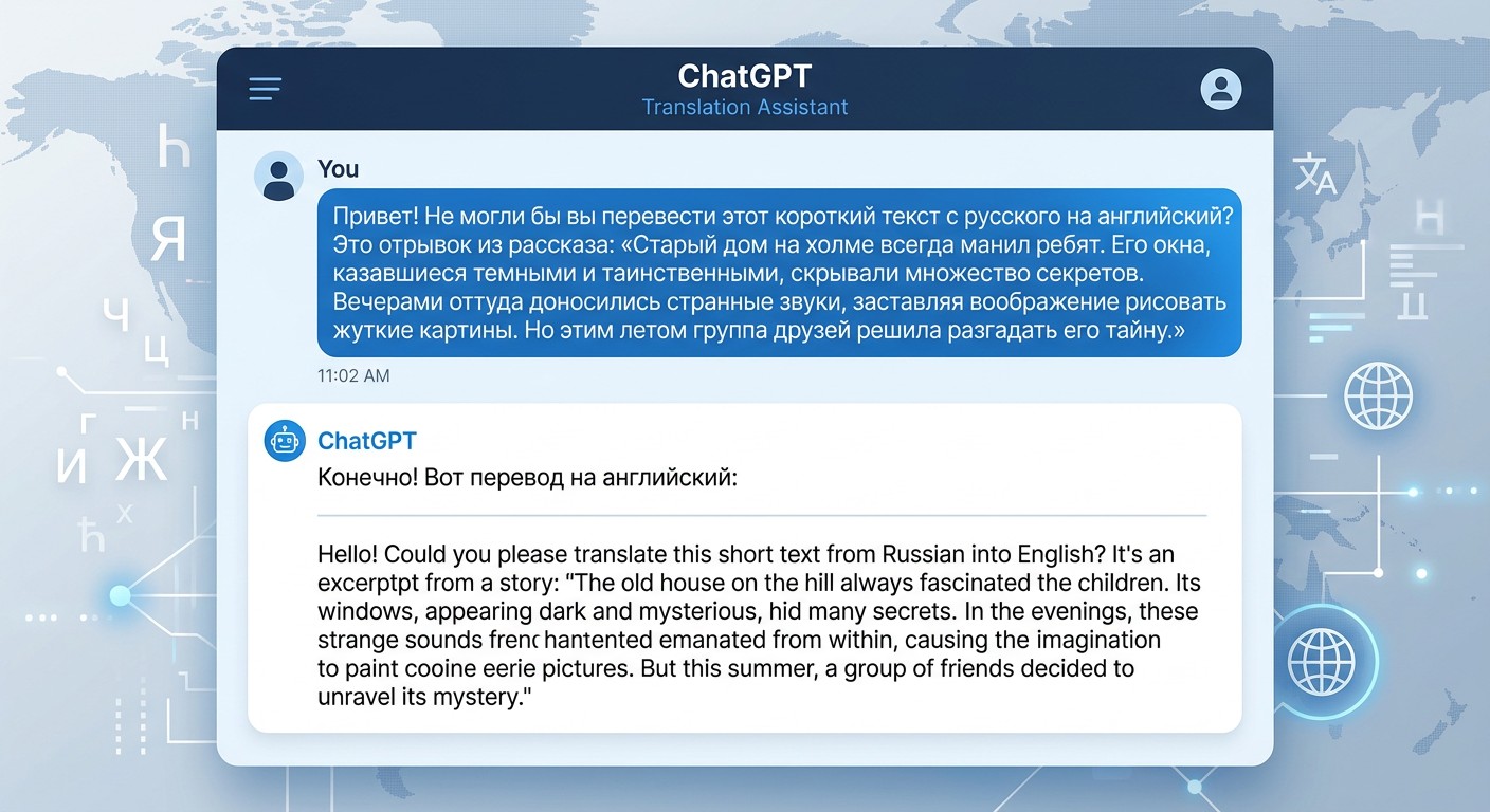 ChatGPT переводит текст с русского на английский — пример