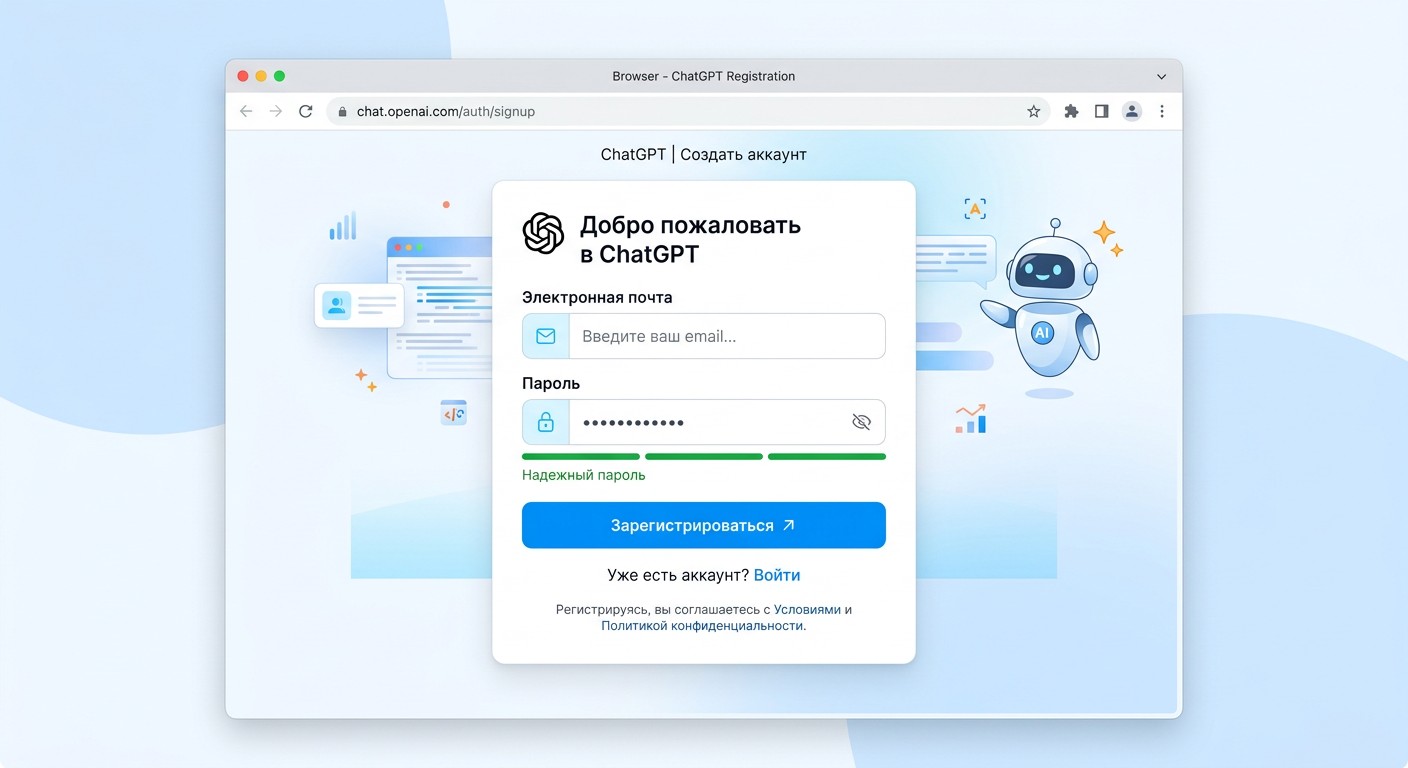 Регистрация аккаунта в ChatGPT через форму с email и паролем