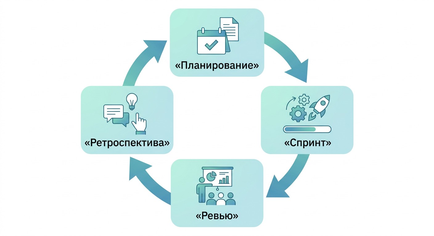 Цикл спринта в скрам: планирование, спринт, ревью, ретроспектива