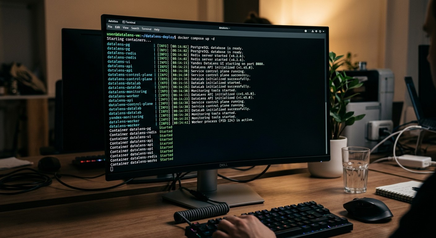Терминал с командой docker compose up для запуска DataLens