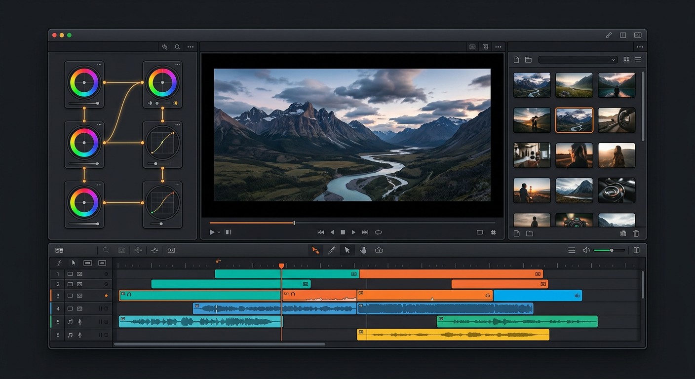 Интерфейс программы DaVinci Resolve с таймлайном и цветокоррекцией