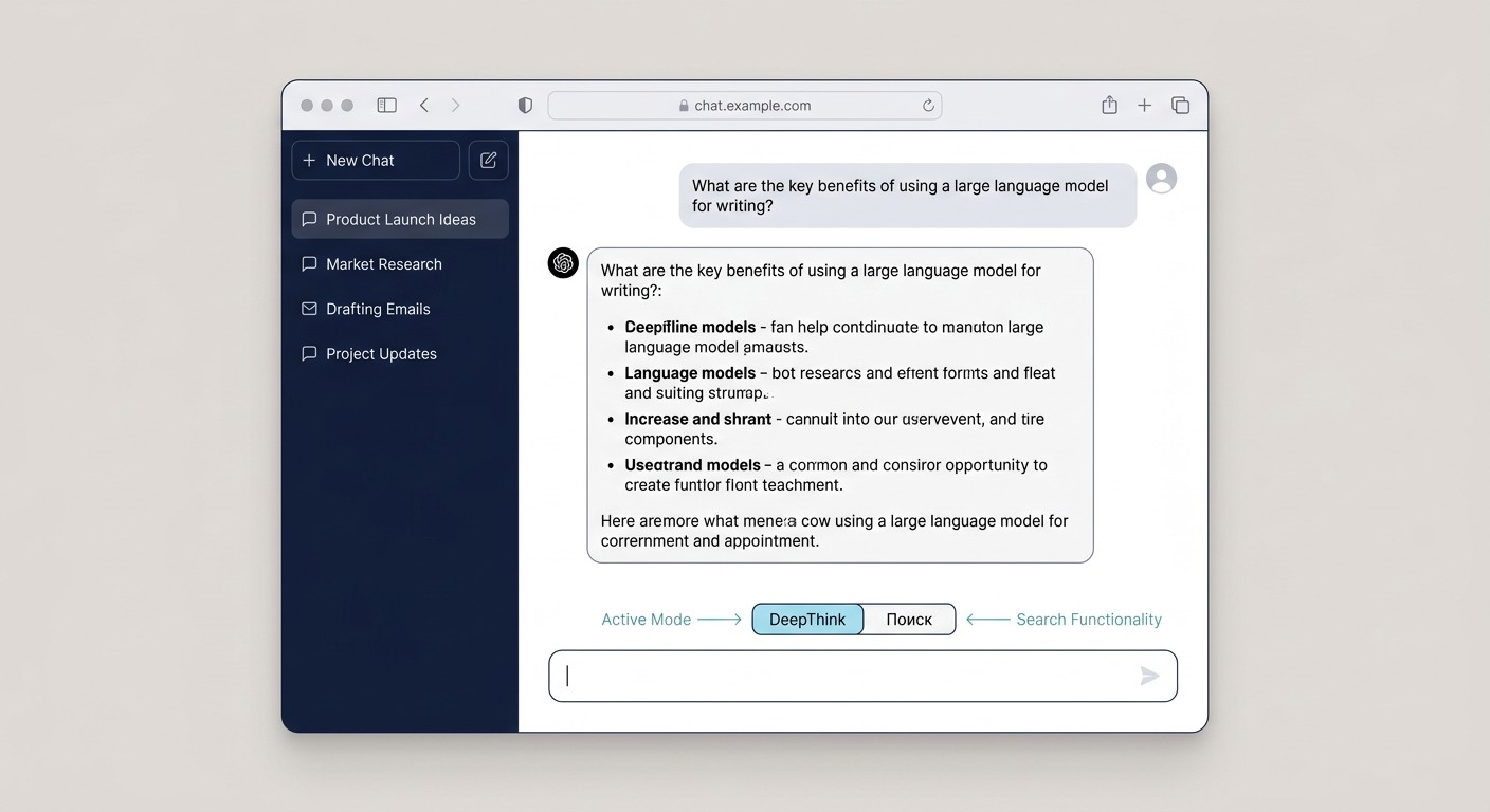 Интерфейс веб-версии DeepSeek с режимами DeepThink и поиска