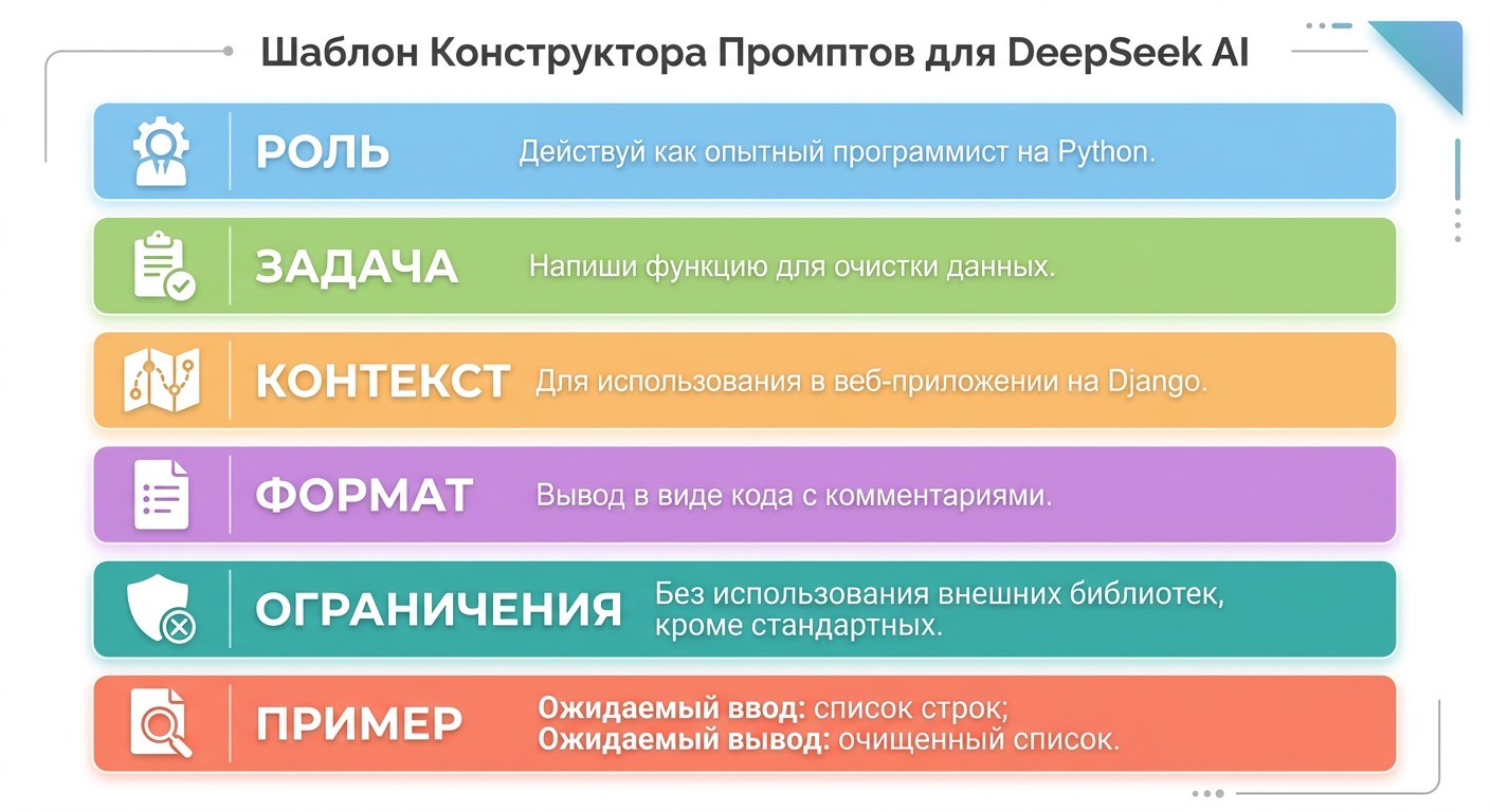 Конструктор промпта для DeepSeek — шаблон из 6 блоков для запроса