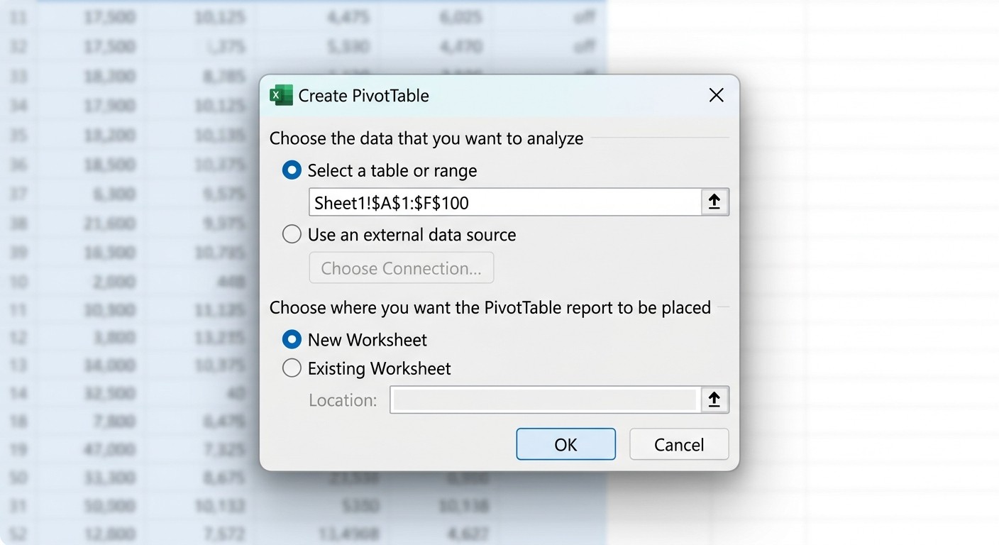 Диалоговое окно «Создать сводную таблицу» в Microsoft Excel