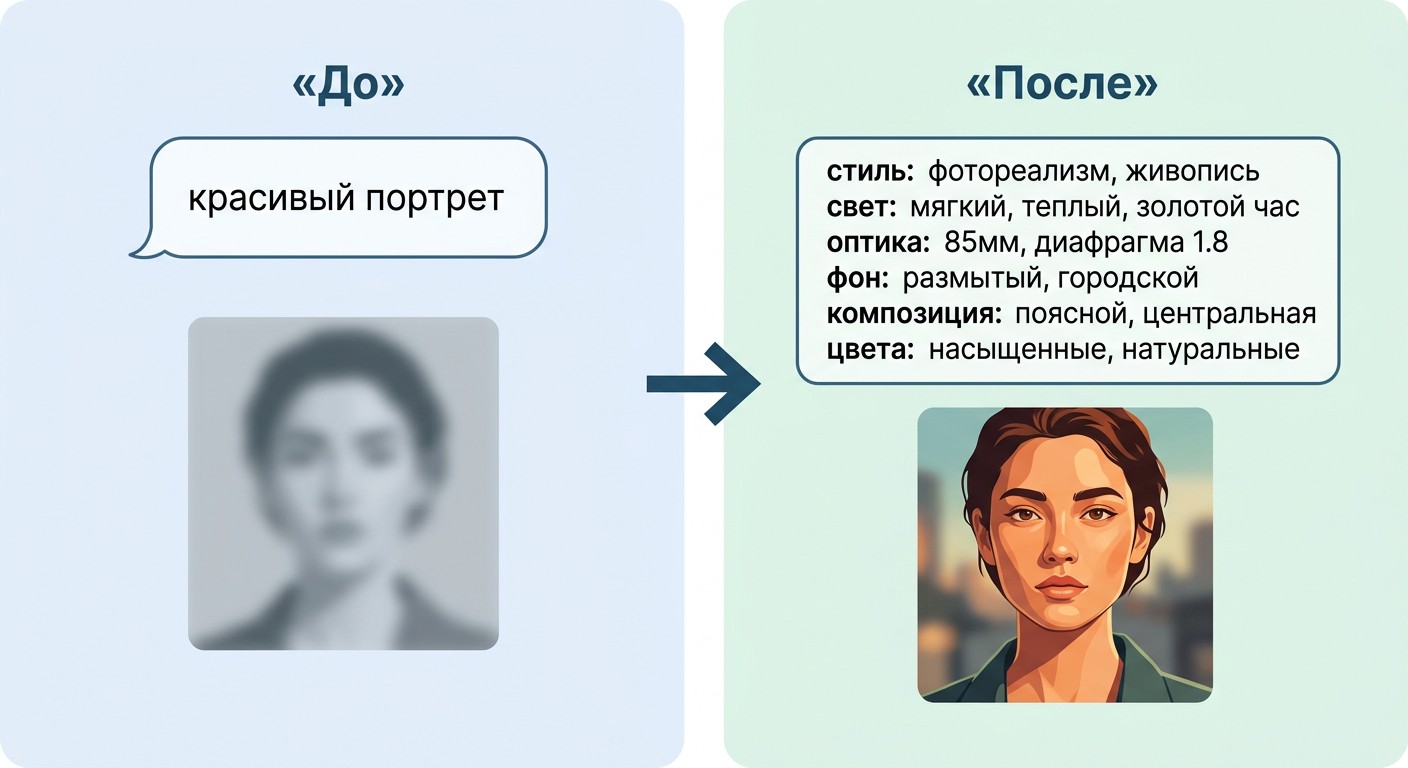 Сравнение простого и параметрического промпта для нейросети до и после