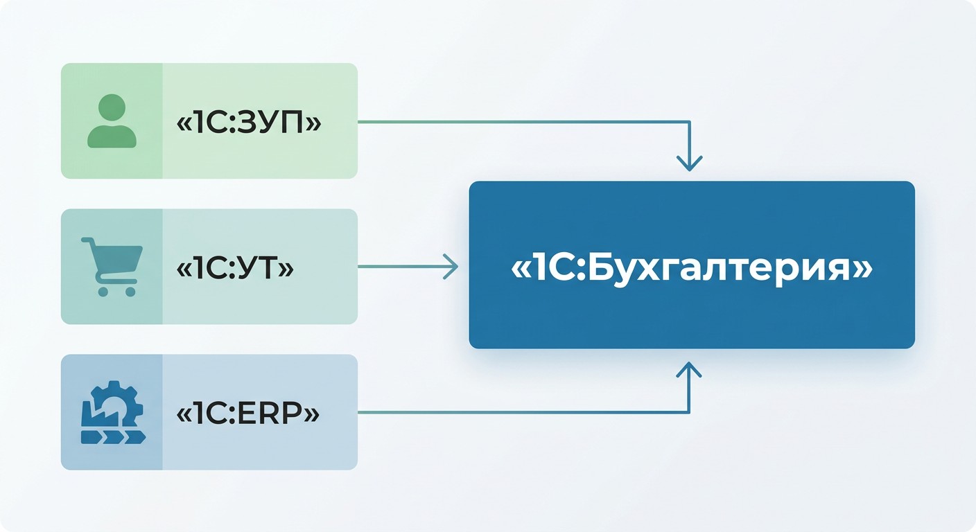 Схема экосистемы 1С — ЗУП УТ ERP интегрируются с Бухгалтерией