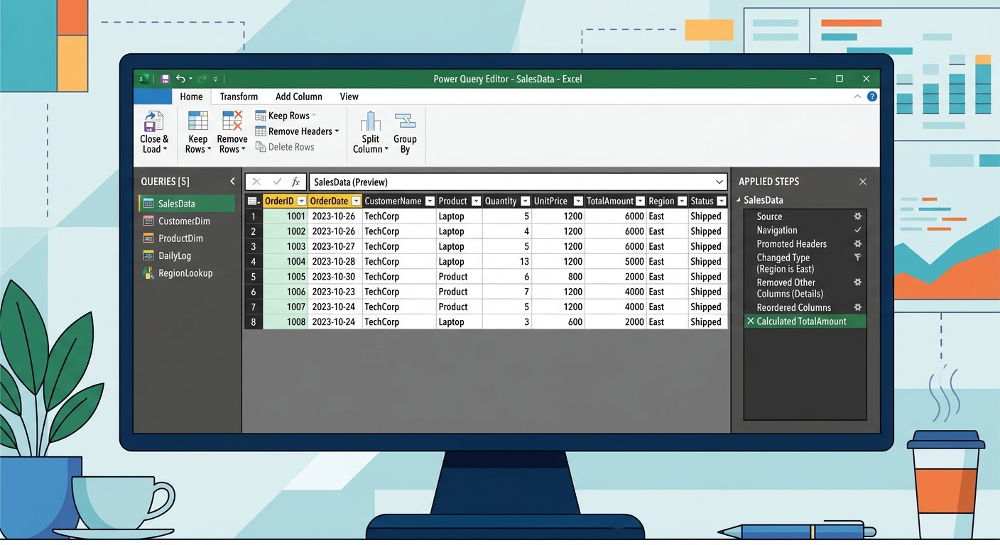 Редактор Power Query в Excel с шагами трансформации данных