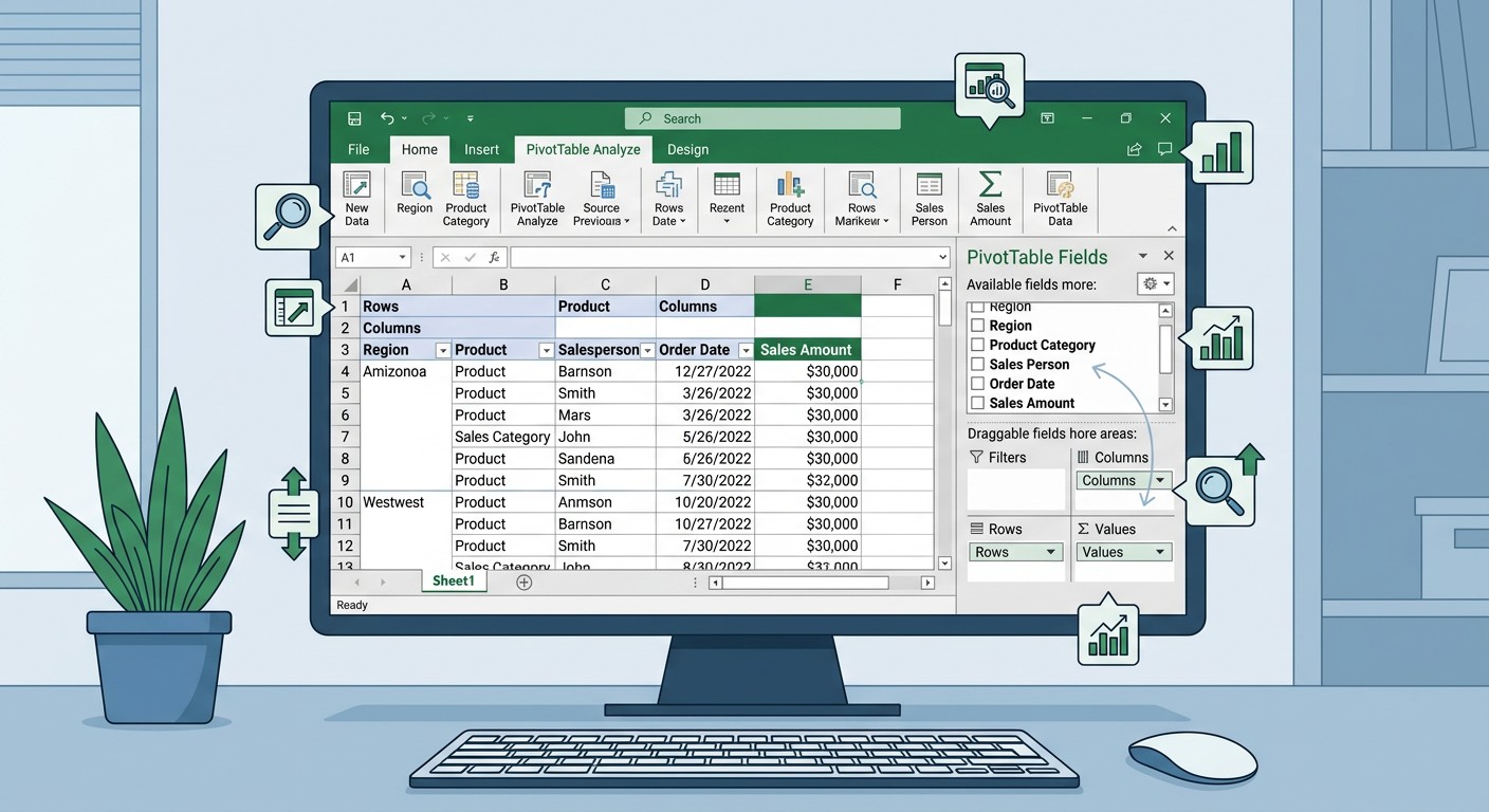 Интерфейс сводной таблицы Excel с панелью полей и данными