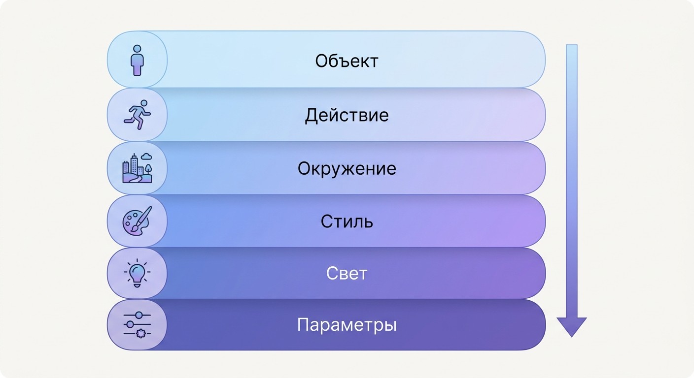 Инфографика: формула промпта для нейросети — 6 слоёв объект-действие-стиль-свет