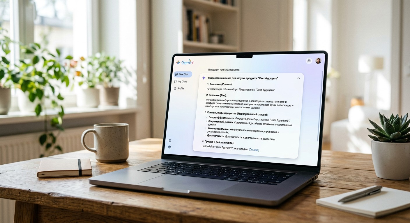 Интерфейс Gemini — нейросеть генерирует маркетинговый текст для копирайтинга