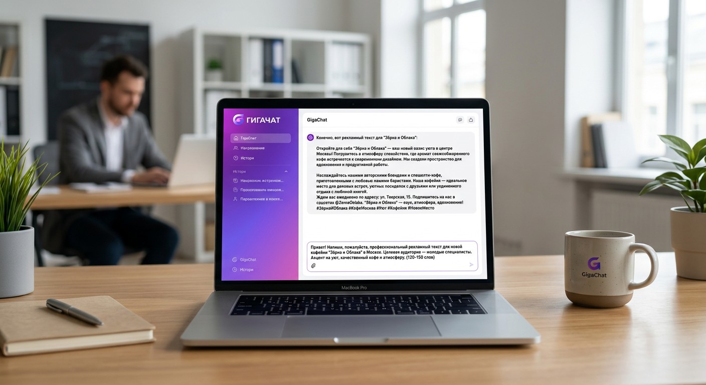 Интерфейс GigaChat — нейросеть пишет рекламный текст на русском языке