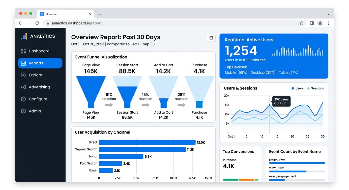 Дашборд Google Analytics GA4 с воронкой событий и каналами трафика