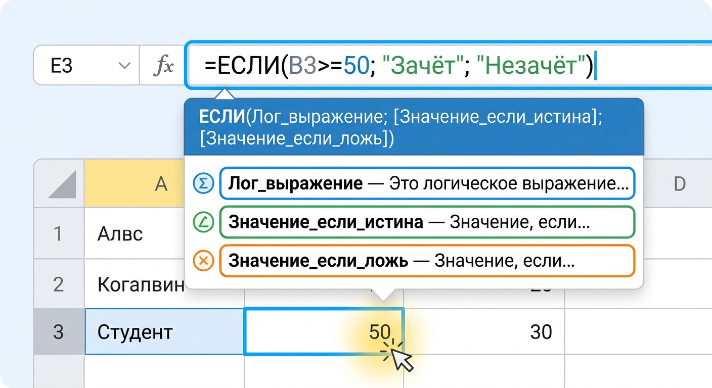 Формула ЕСЛИ в строке формул Google Таблиц с подсказкой аргументов