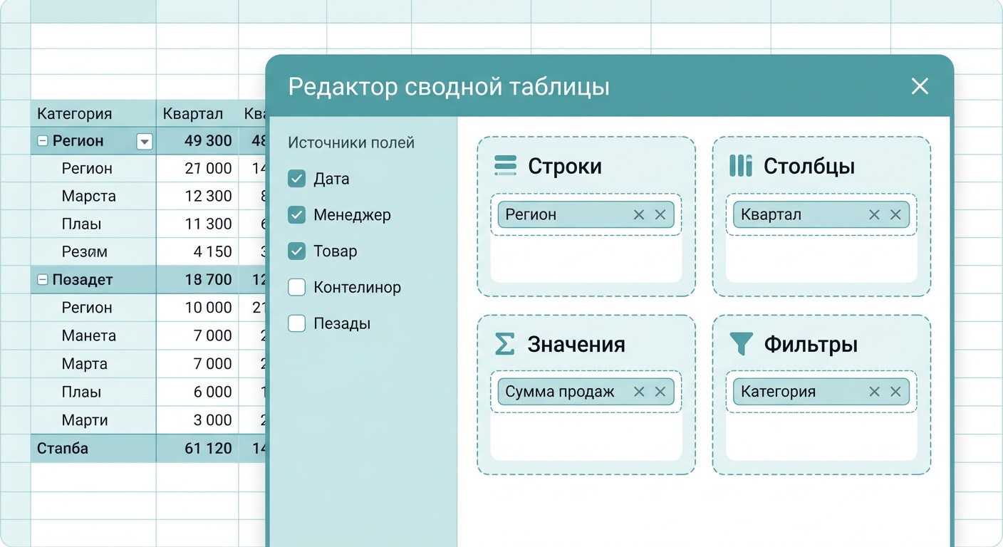 Редактор сводной таблицы Google Таблиц с четырьмя областями