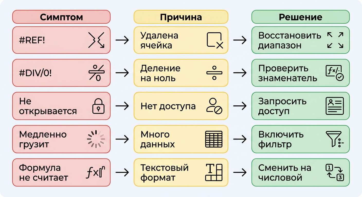 Схема устранения ошибок в Google Таблицах — симптом, причина, решение