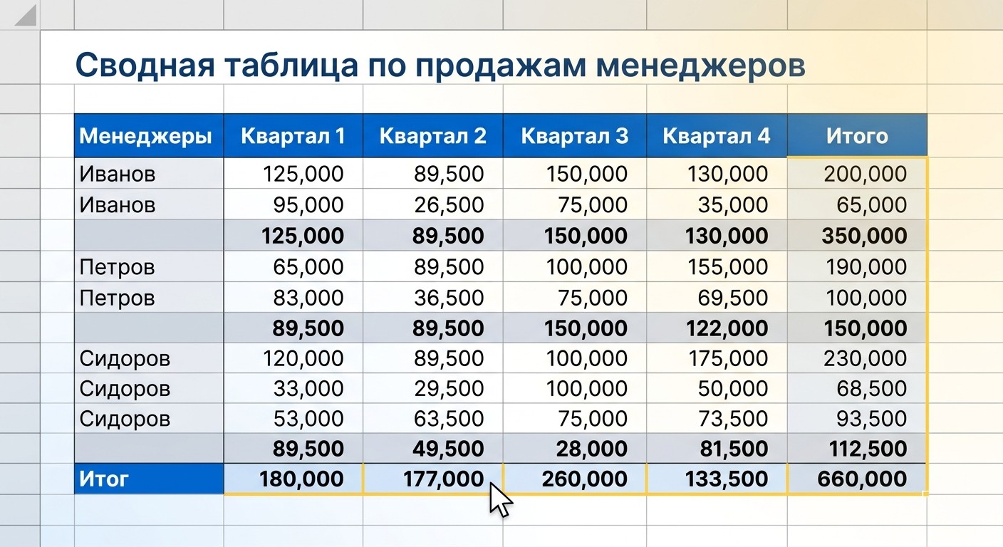 Готовая сводная таблица Excel с группировкой данных по менеджерам