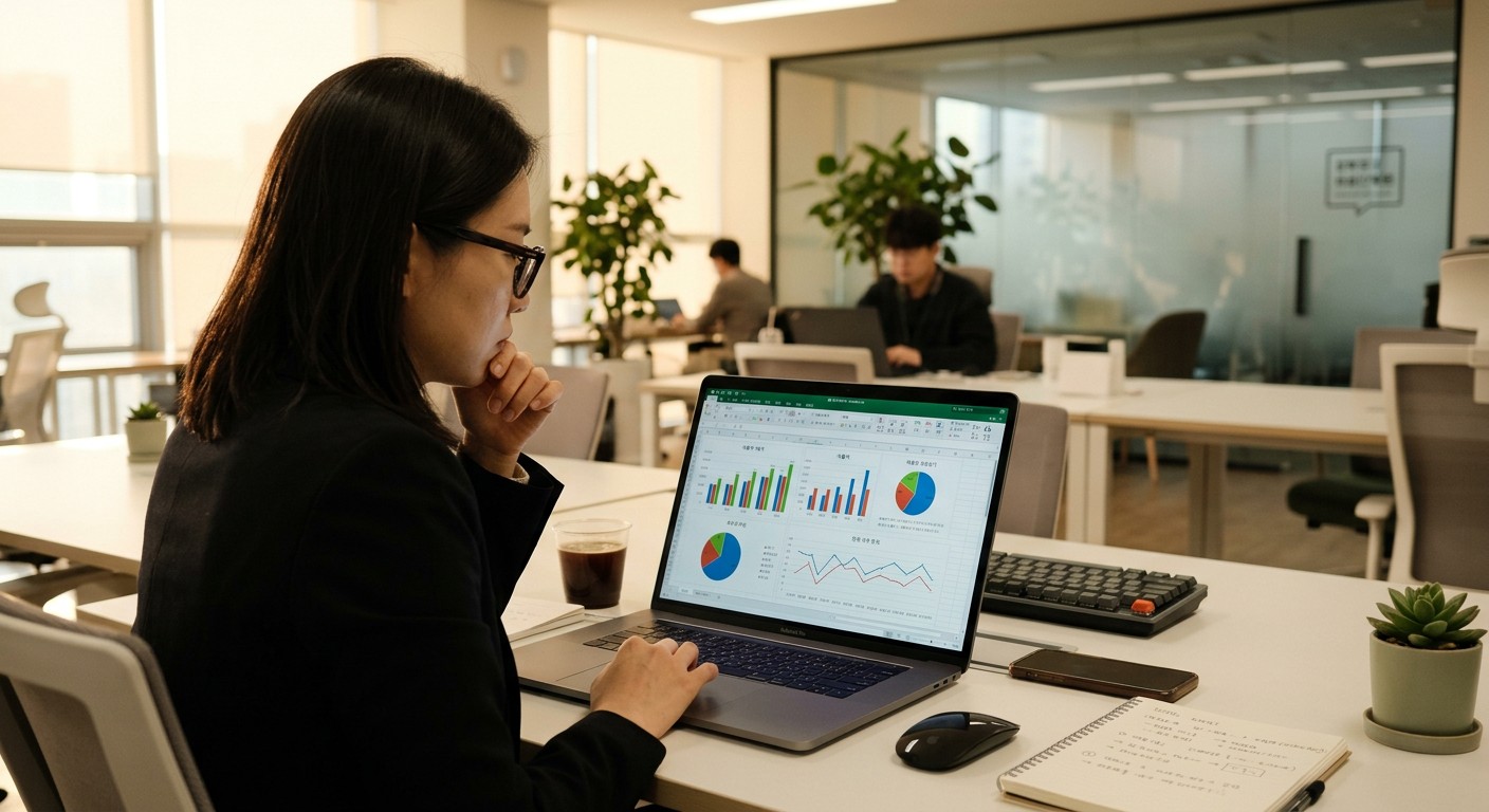 ИИ для работы с Excel — аналитик изучает таблицы с диаграммами на ноутбуке