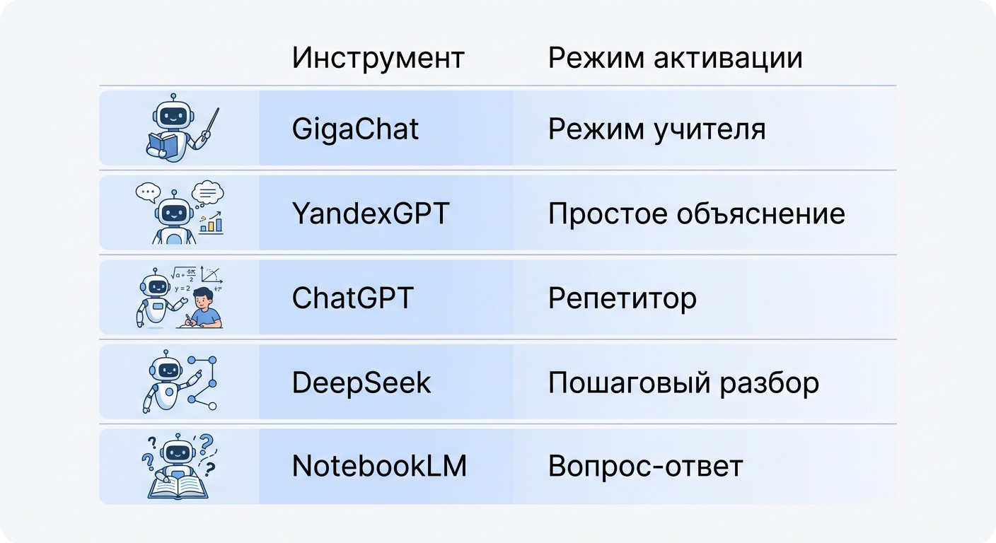 Инфографика: режимы репетитора в пяти нейросетях для обучения