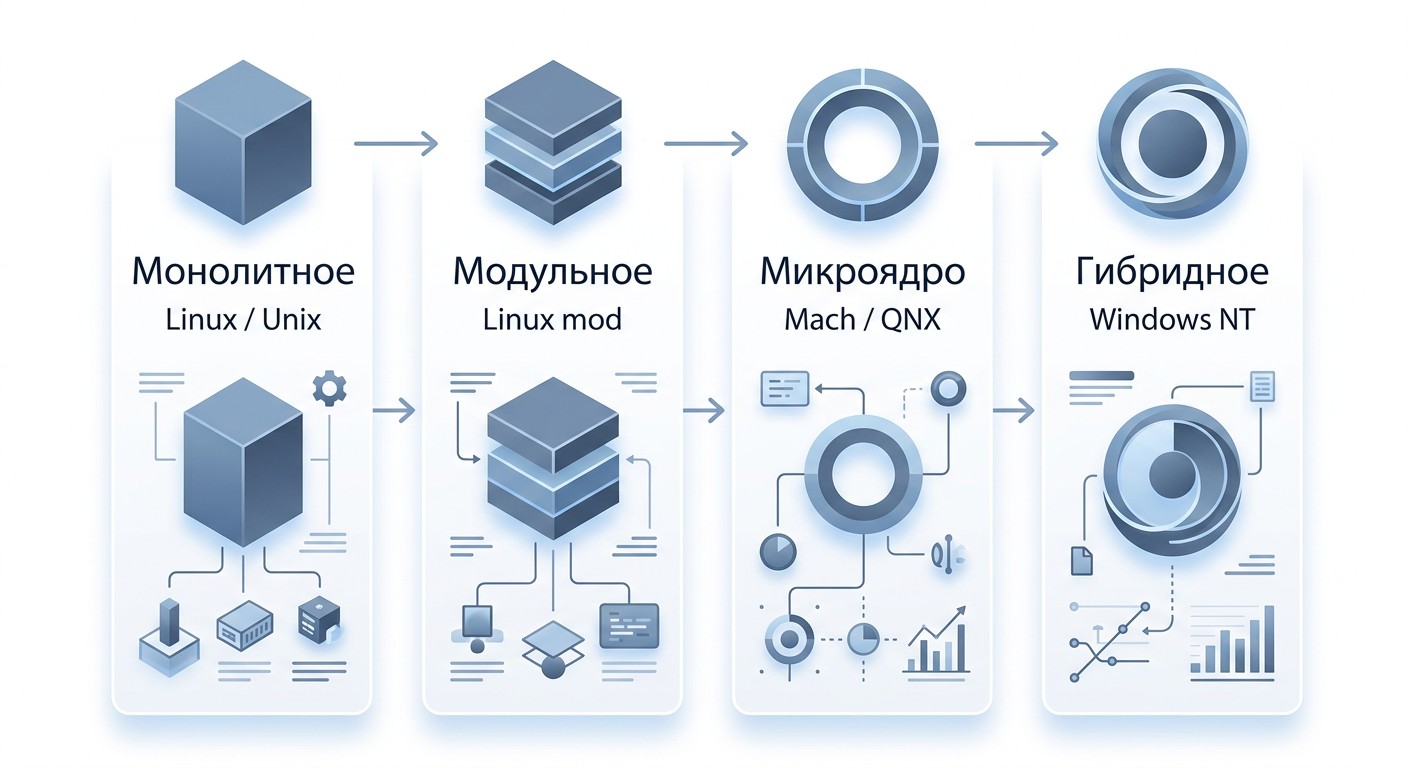 Инфографика: типы ядра операционных систем — монолитное, модульное, микроядро, гибридное