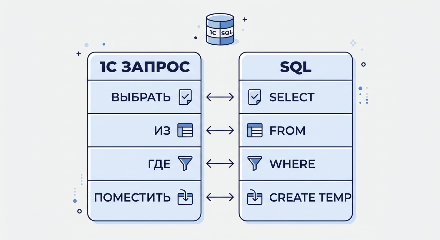 Инфографика сравнения синтаксиса языка запросов 1С и SQL