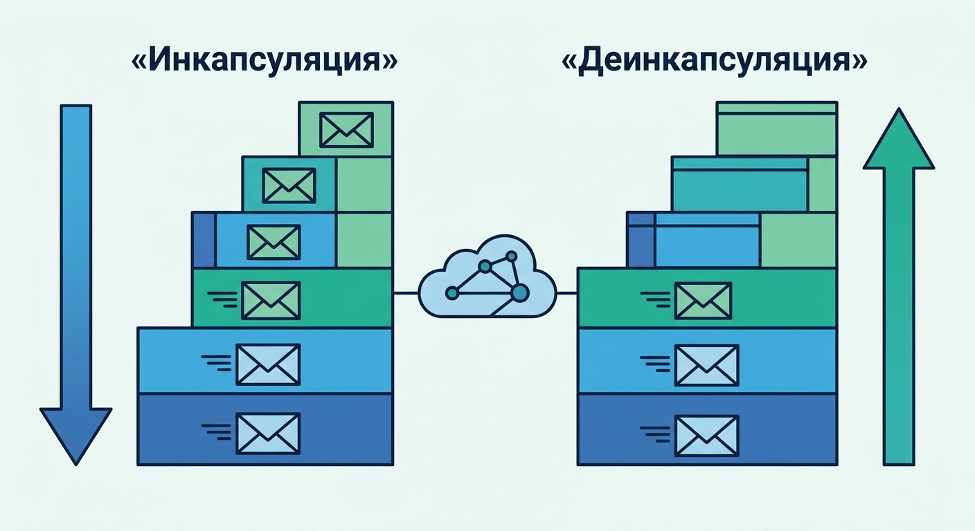 Инкапсуляция и деинкапсуляция пакета по уровням модели OSI