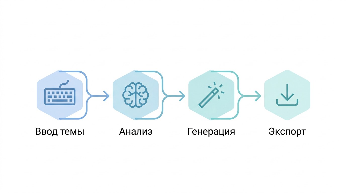 Схема создания презентации нейросетью: четыре шага от темы до экспорта