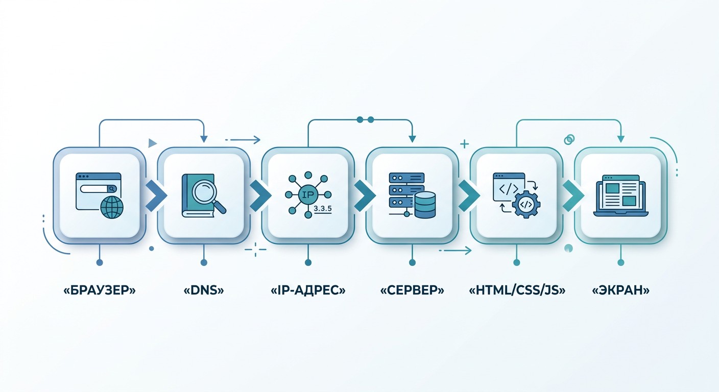 Пошаговая схема работы сайта: браузер — DNS — сервер — экран