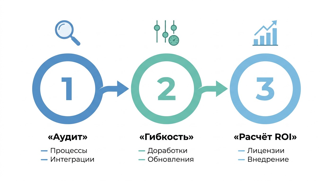 Алгоритм выбора конфигурации 1С: три шага — аудит, гибкость, расчёт ROI