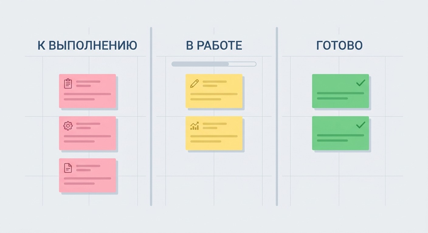 Kanban-доска Agile с колонками к выполнению, в работе, готово