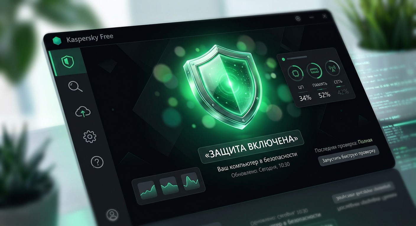 Главный экран Kaspersky Free — статус защиты включена