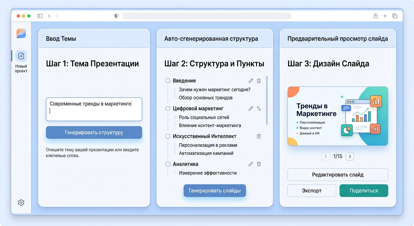 Кэмп AI — пошаговый интерфейс создания презентации нейросетью