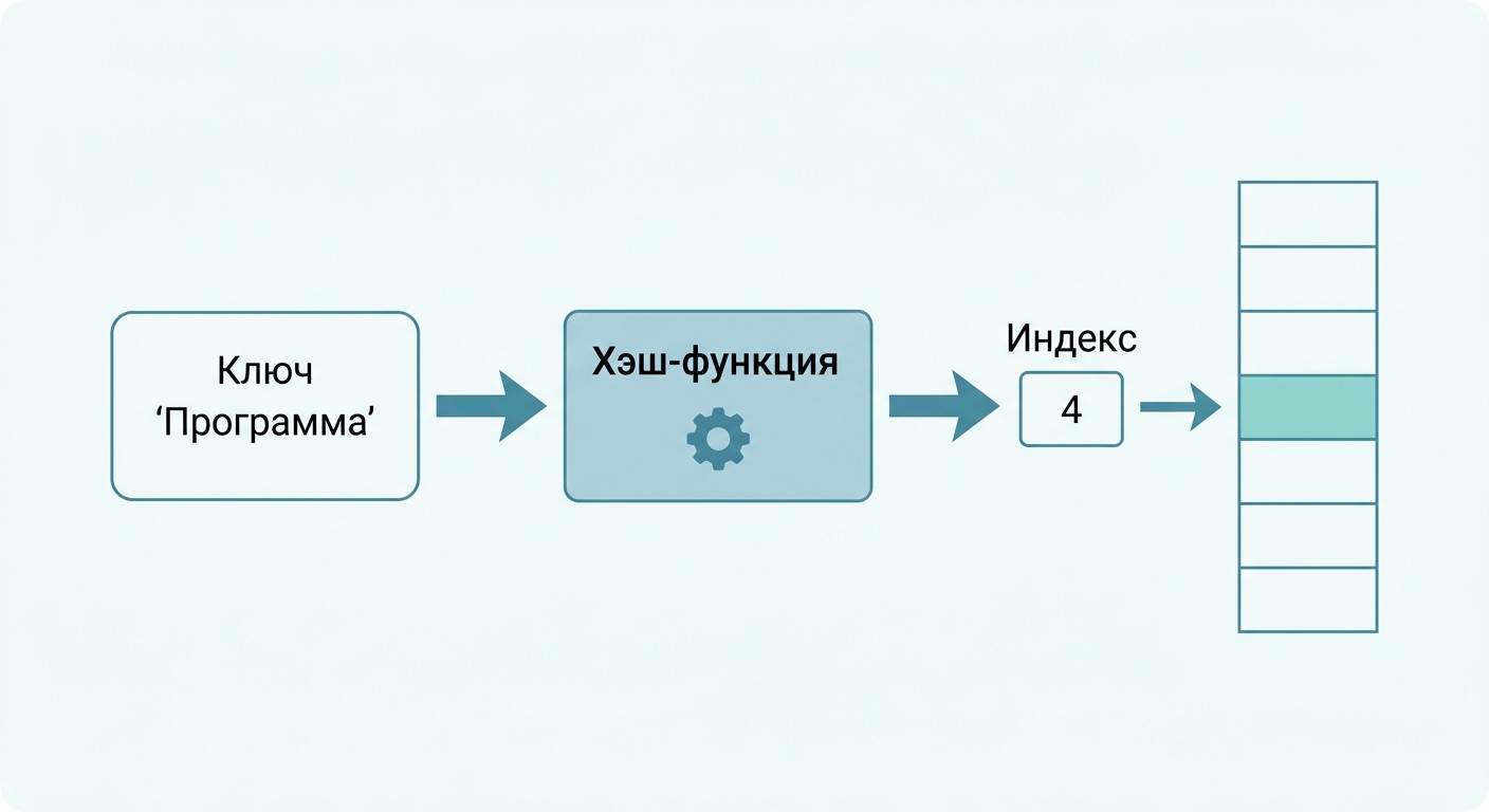 Хэш-таблица — схема: ключ, хэш-функция, индекс и корзина