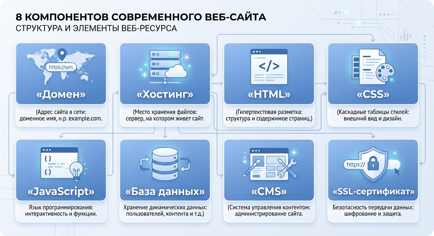 Схема из 8 компонентов веб-сайта с иконками и стрелками