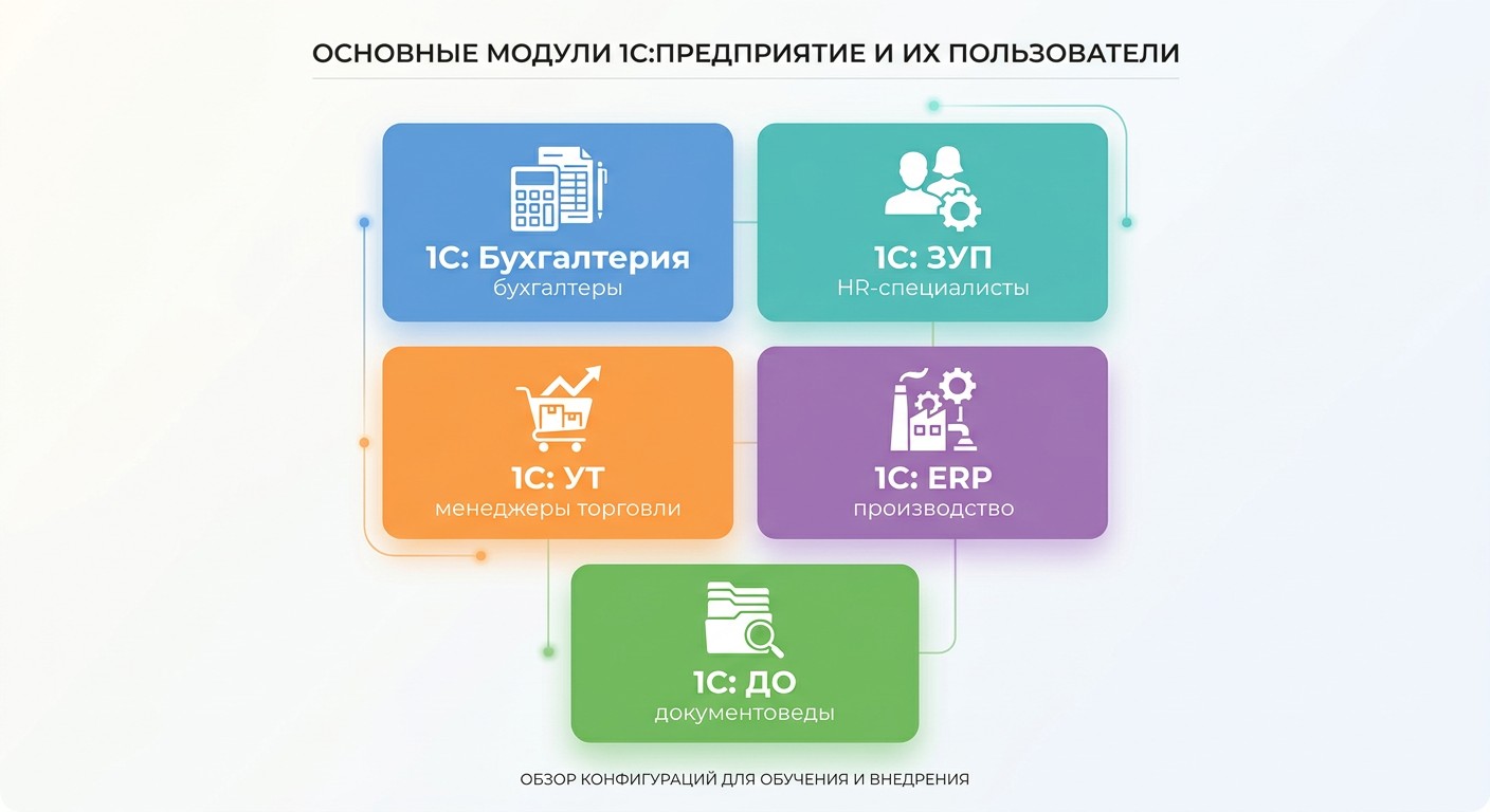 Карта конфигураций 1С Предприятие и аудитория каждого модуля