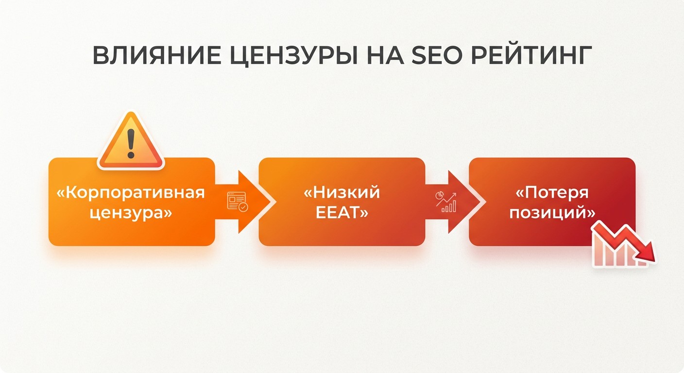 Схема: корпоративная цензура нейросетей снижает EEAT и позиции в поиске