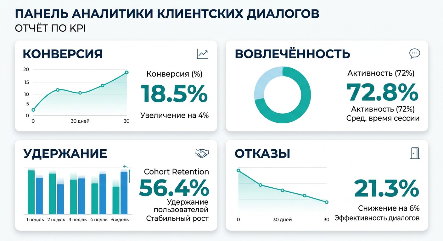 KPI-дашборд аналитики чат-бота: конверсия, вовлечённость, удержание, отказы