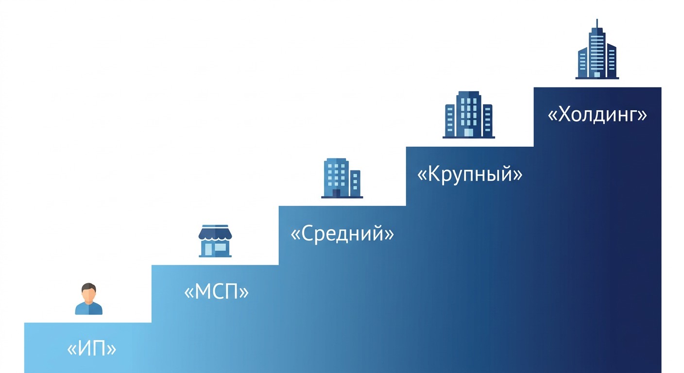 Лестница продуктов 1С по масштабу бизнеса от ИП до холдинга
