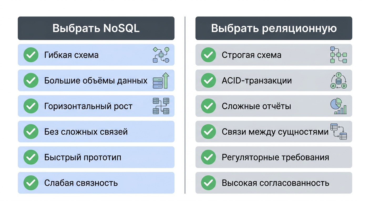 Матрица выбора между NoSQL и реляционной базой данных по критериям